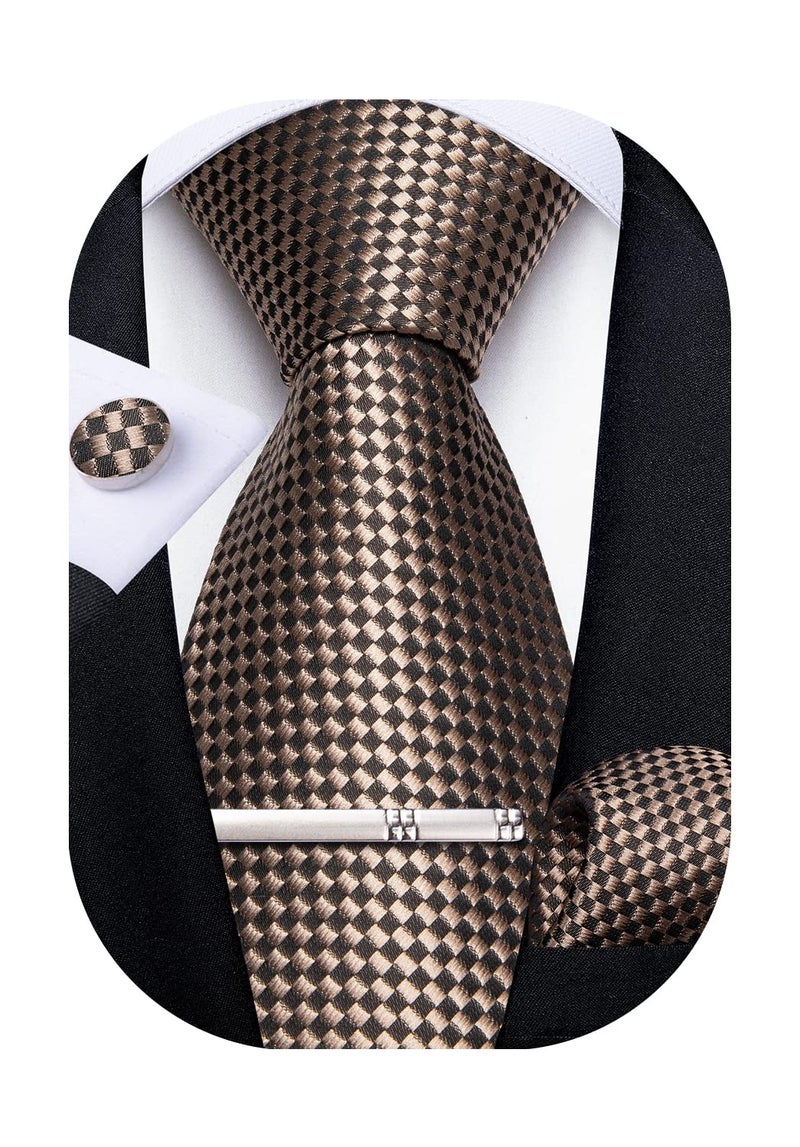 DiBanGu Plaid Ties for Men Silk Checkered Necktie and Pocket Square Cufflinks Tie Clip Set with Gift Box for Wedding Business, Brown - Image 1